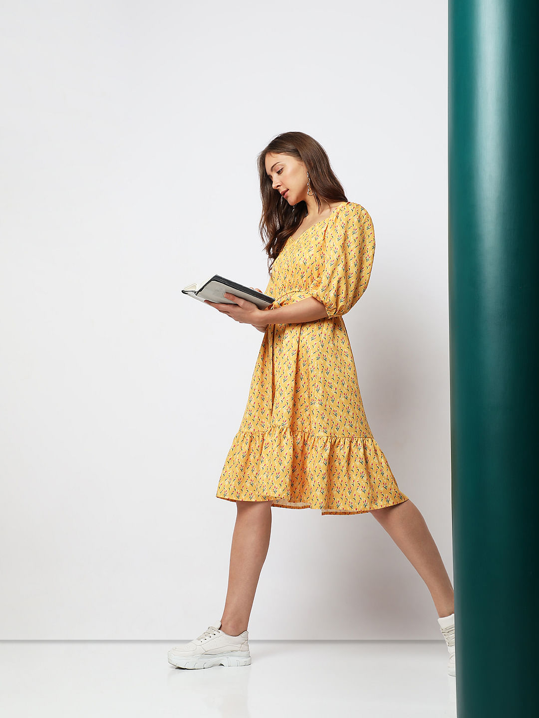 Yellow Printed Fit & Flare Dress