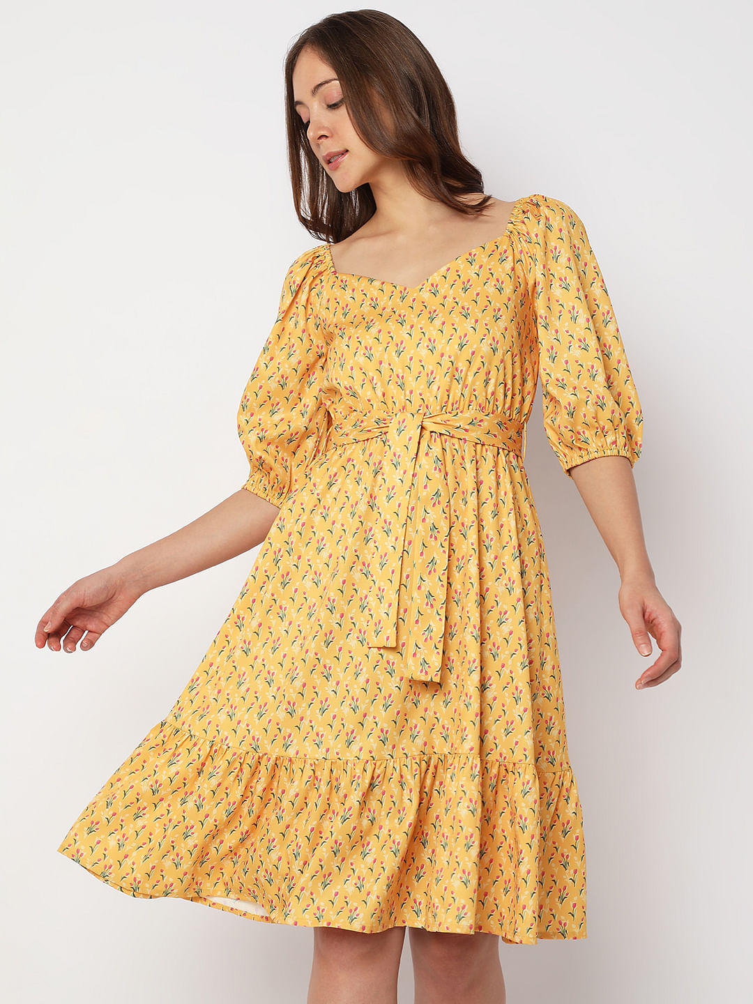 Yellow Printed Fit & Flare Dress