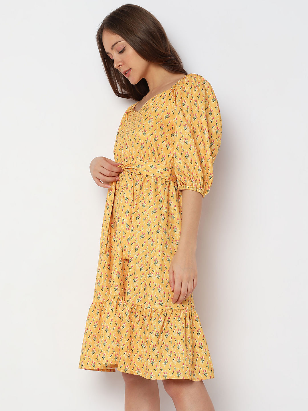 Yellow Printed Fit & Flare Dress