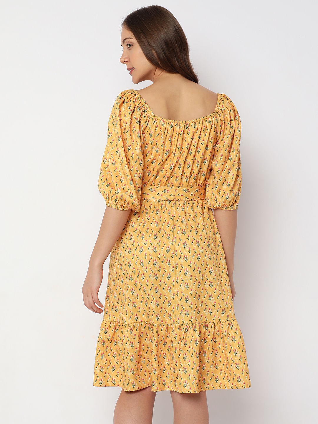 Yellow Printed Fit & Flare Dress