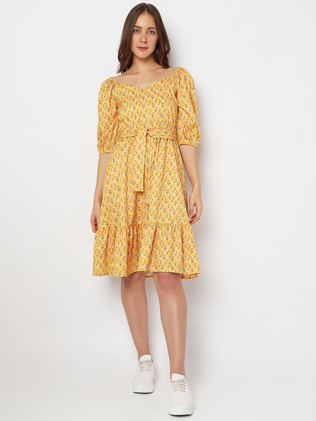 Yellow Printed Fit & Flare Dress