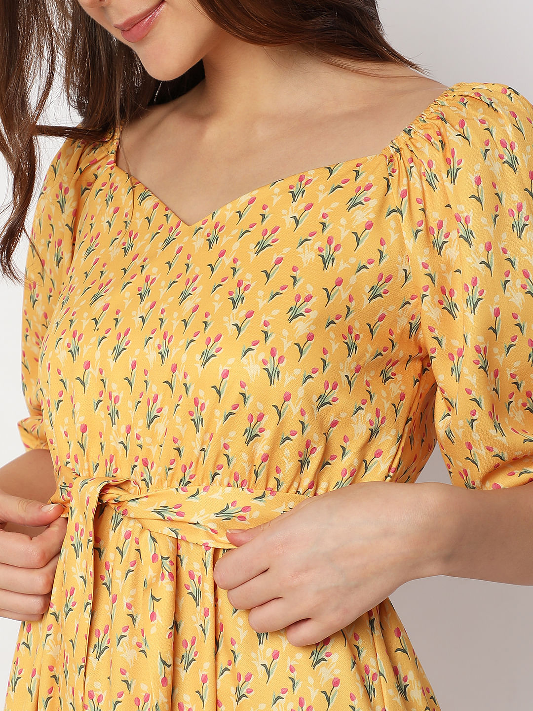Yellow Printed Fit & Flare Dress