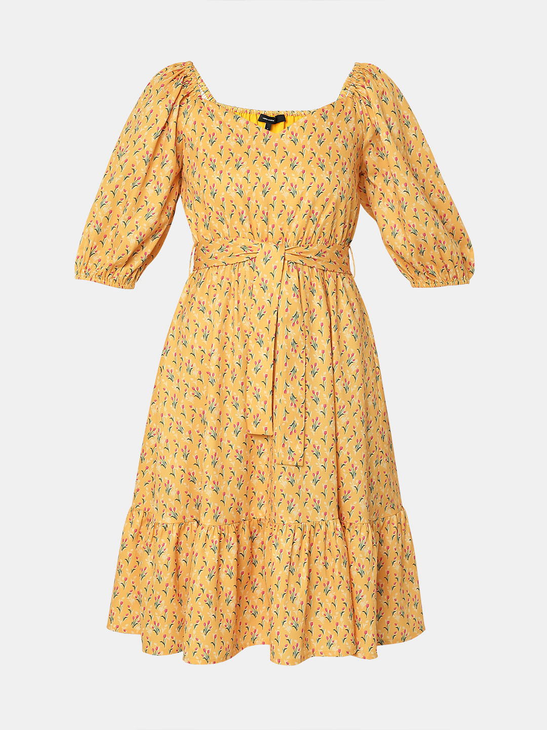 Yellow Printed Fit & Flare Dress