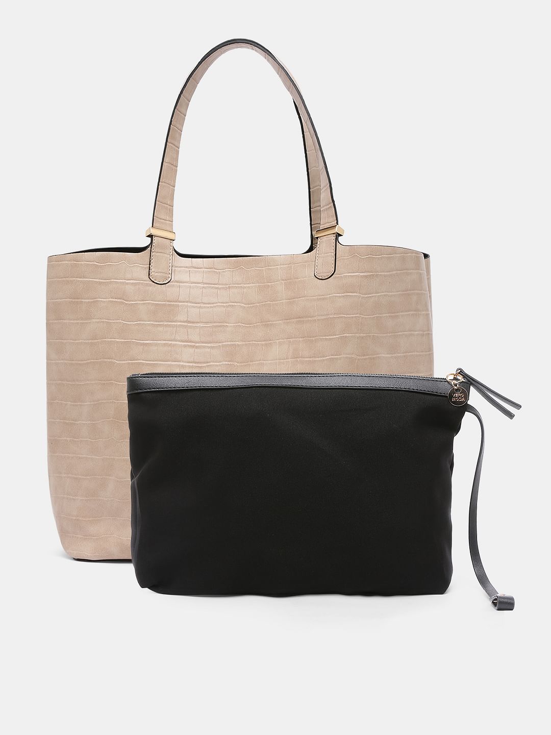 Beige Croc Embossed Handbag