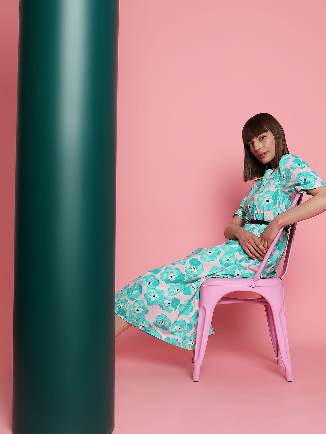 Electric Green Floral Midi Dress