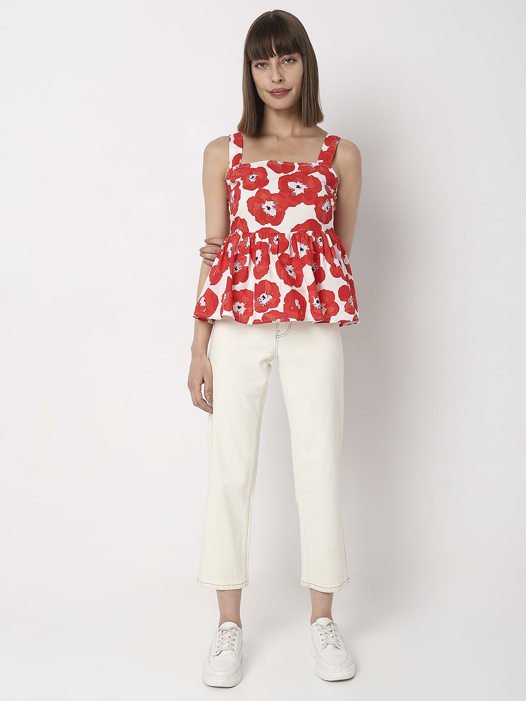 Red Floral Flared Top