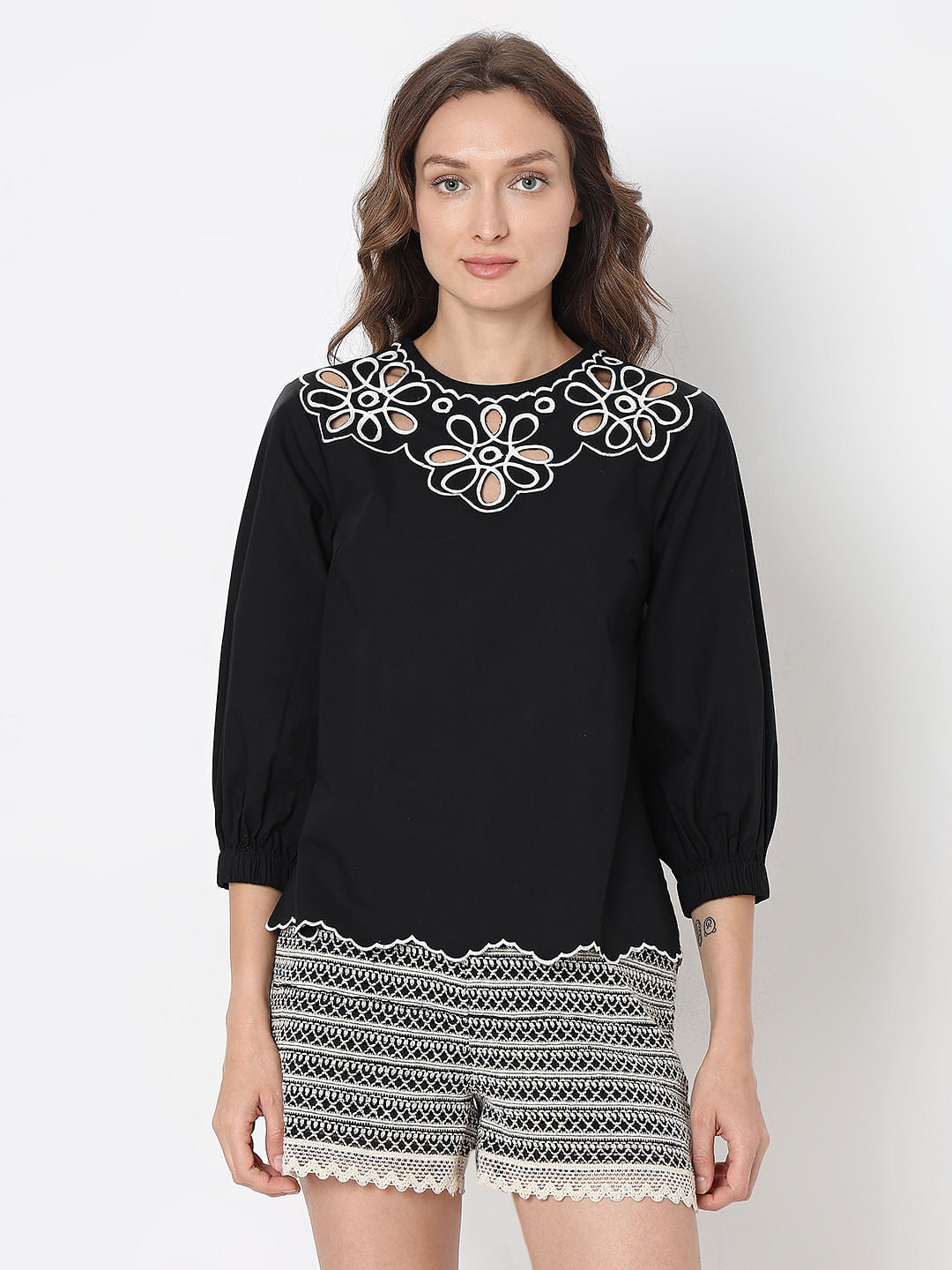 Black Floral Embroidered Top