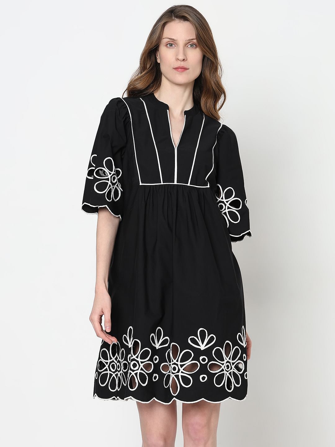 Black Floral Embroidered Shift Dress