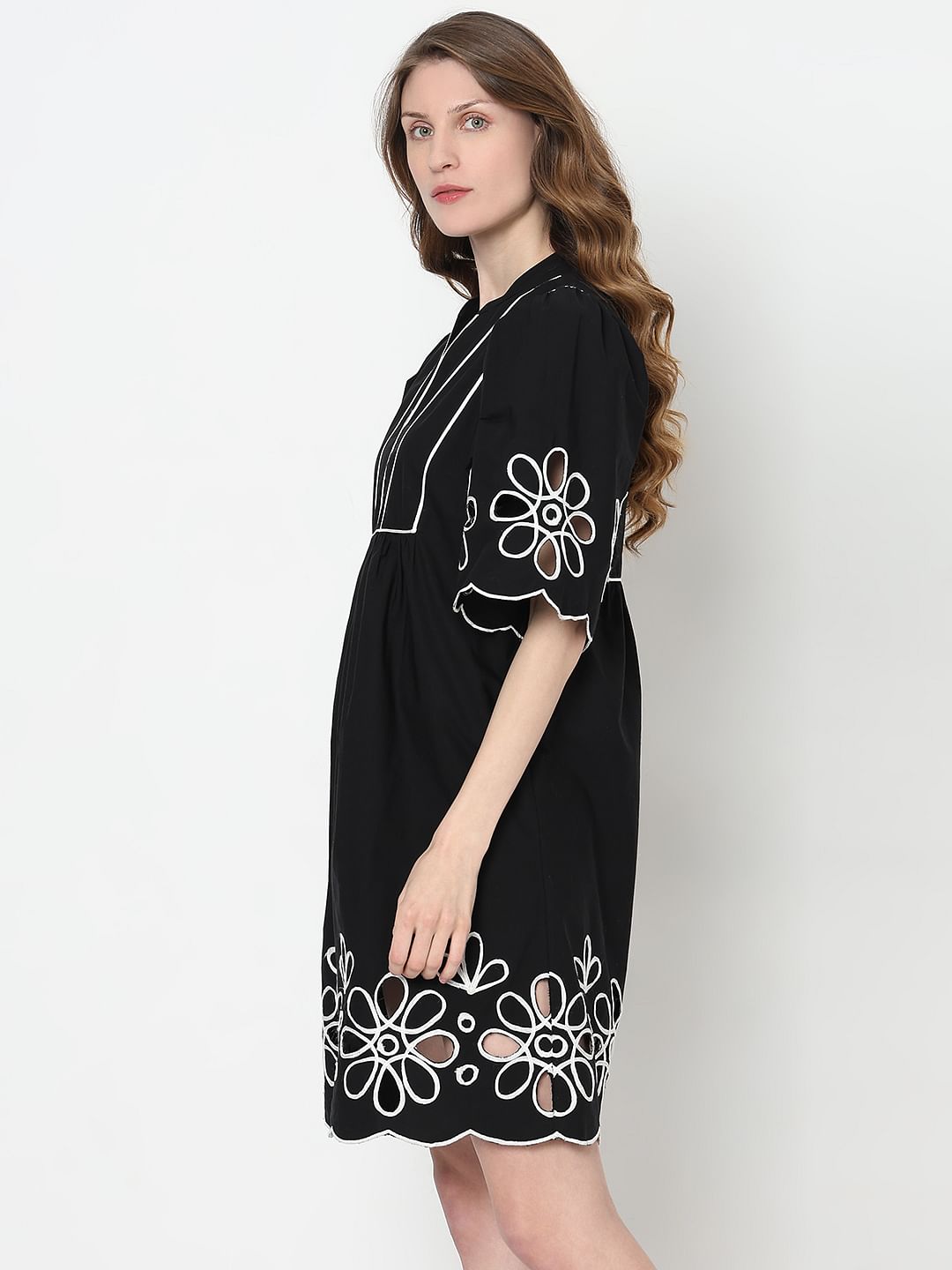 Black Floral Embroidered Shift Dress