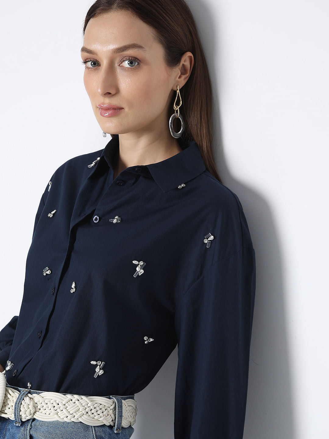 Navy Blue Embellished Cotton Shirt