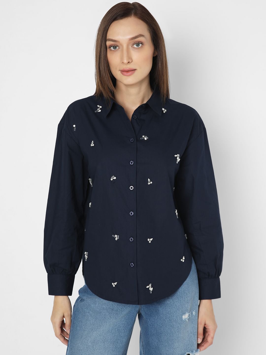 Navy Blue Embellished Cotton Shirt