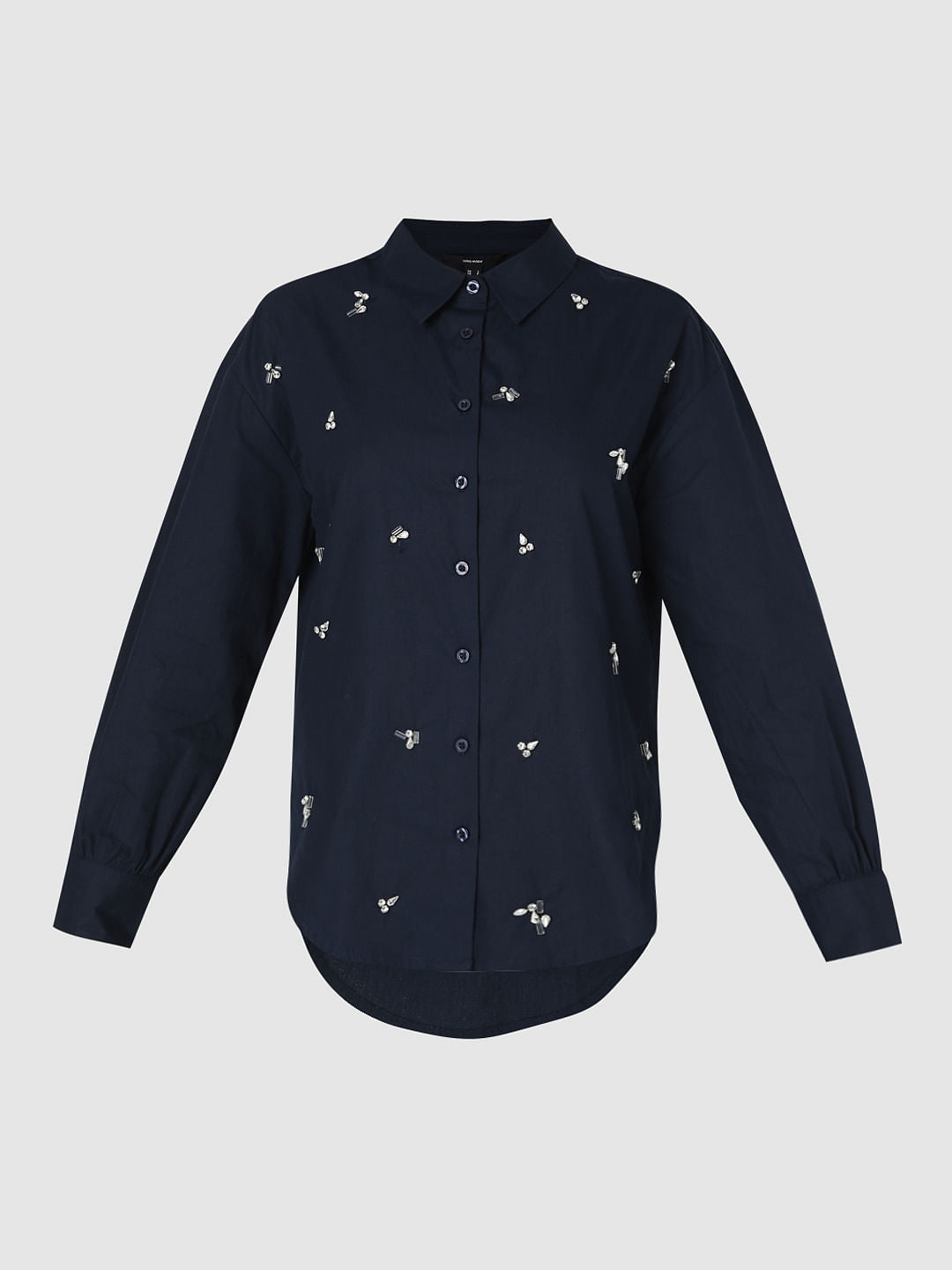 Navy Blue Embellished Cotton Shirt