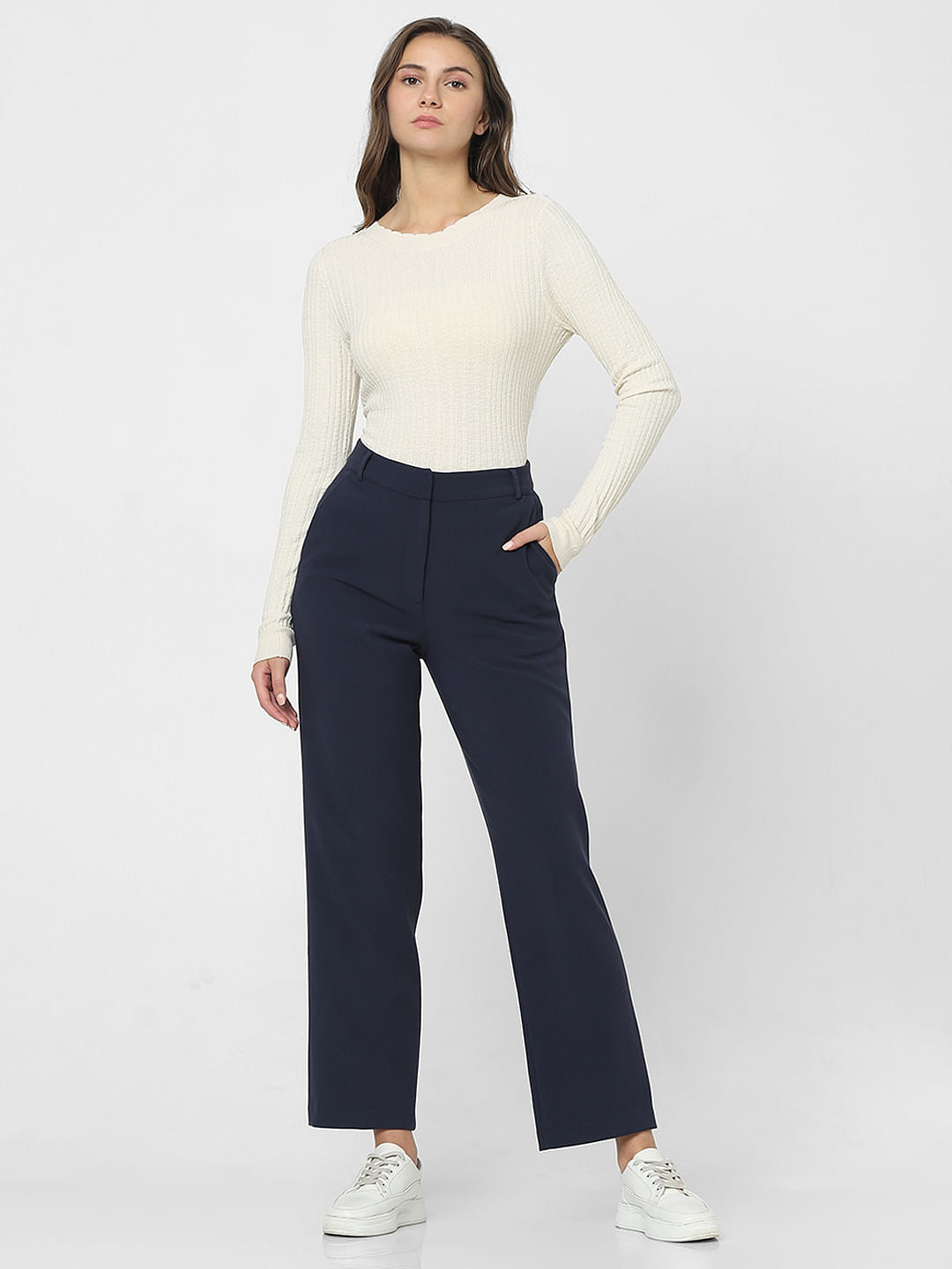 Navy Blue High Rise Straight Fit Pants