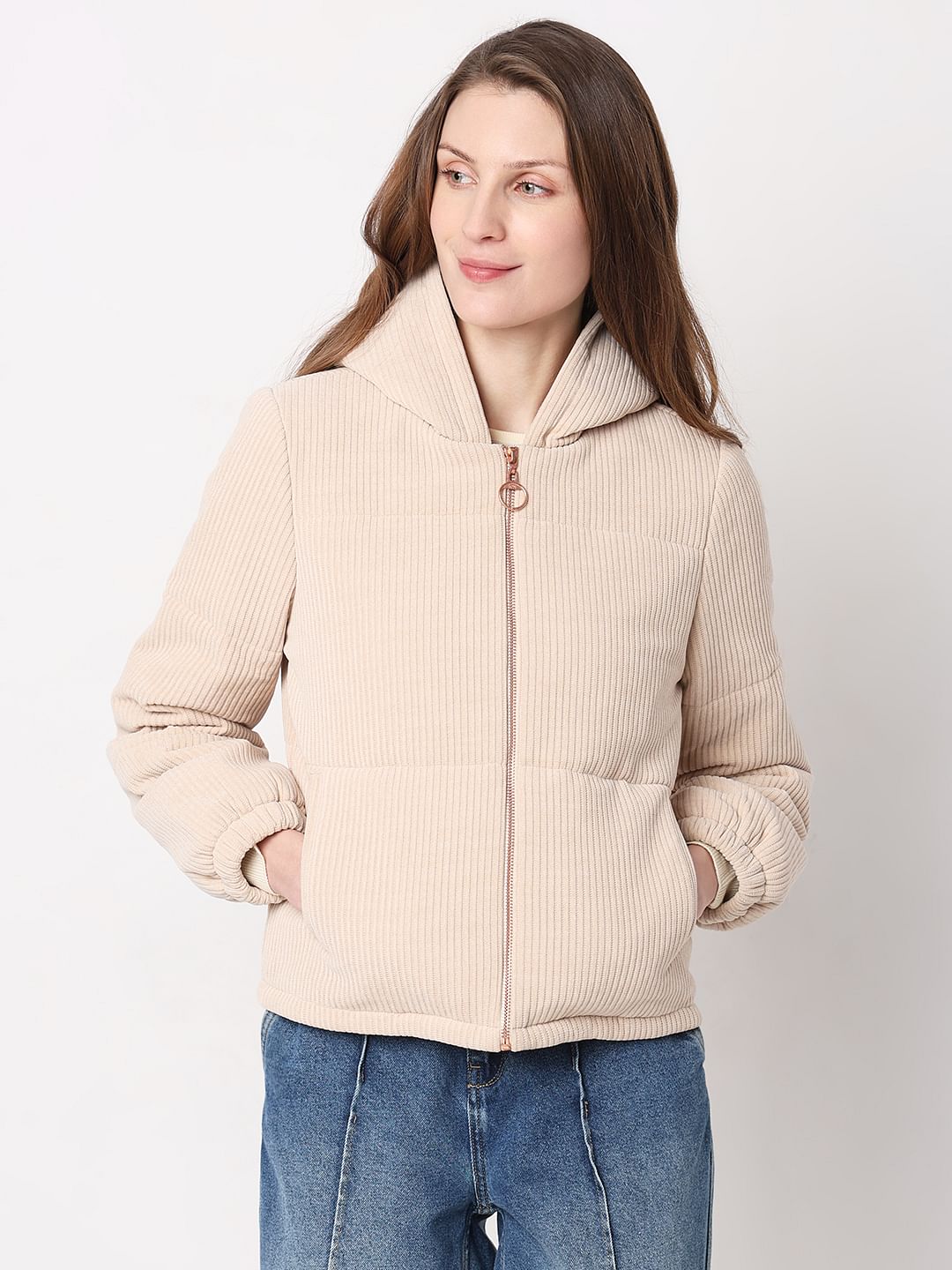 Beige Corduroy Hooded Jacket