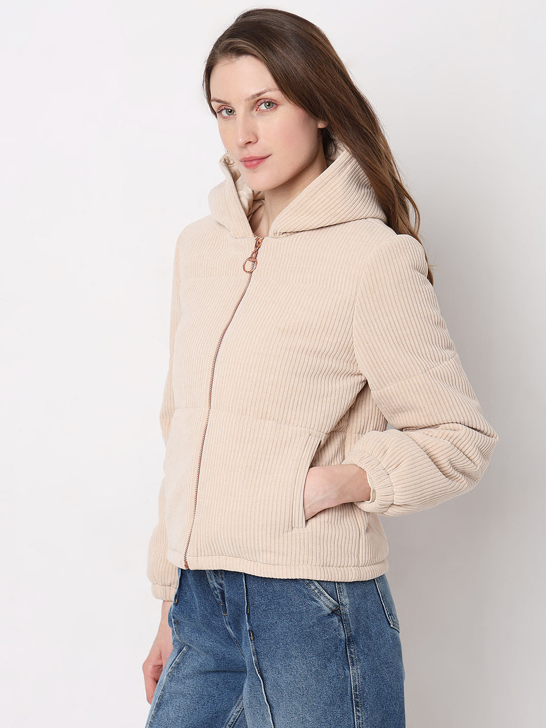 Beige Corduroy Hooded Jacket