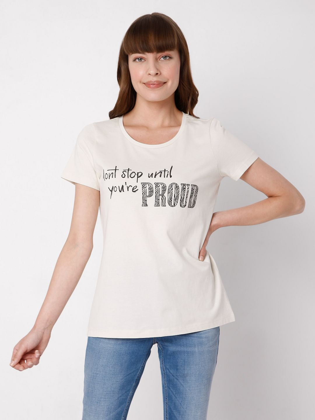 Beige Slogan Print T-Shirt