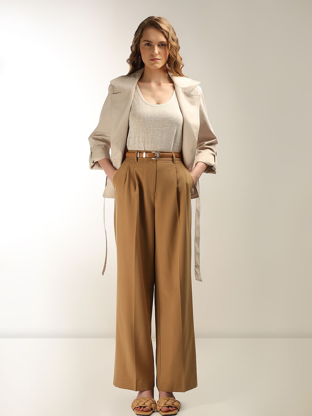 Beige Mid Rise Wide Dad Pants