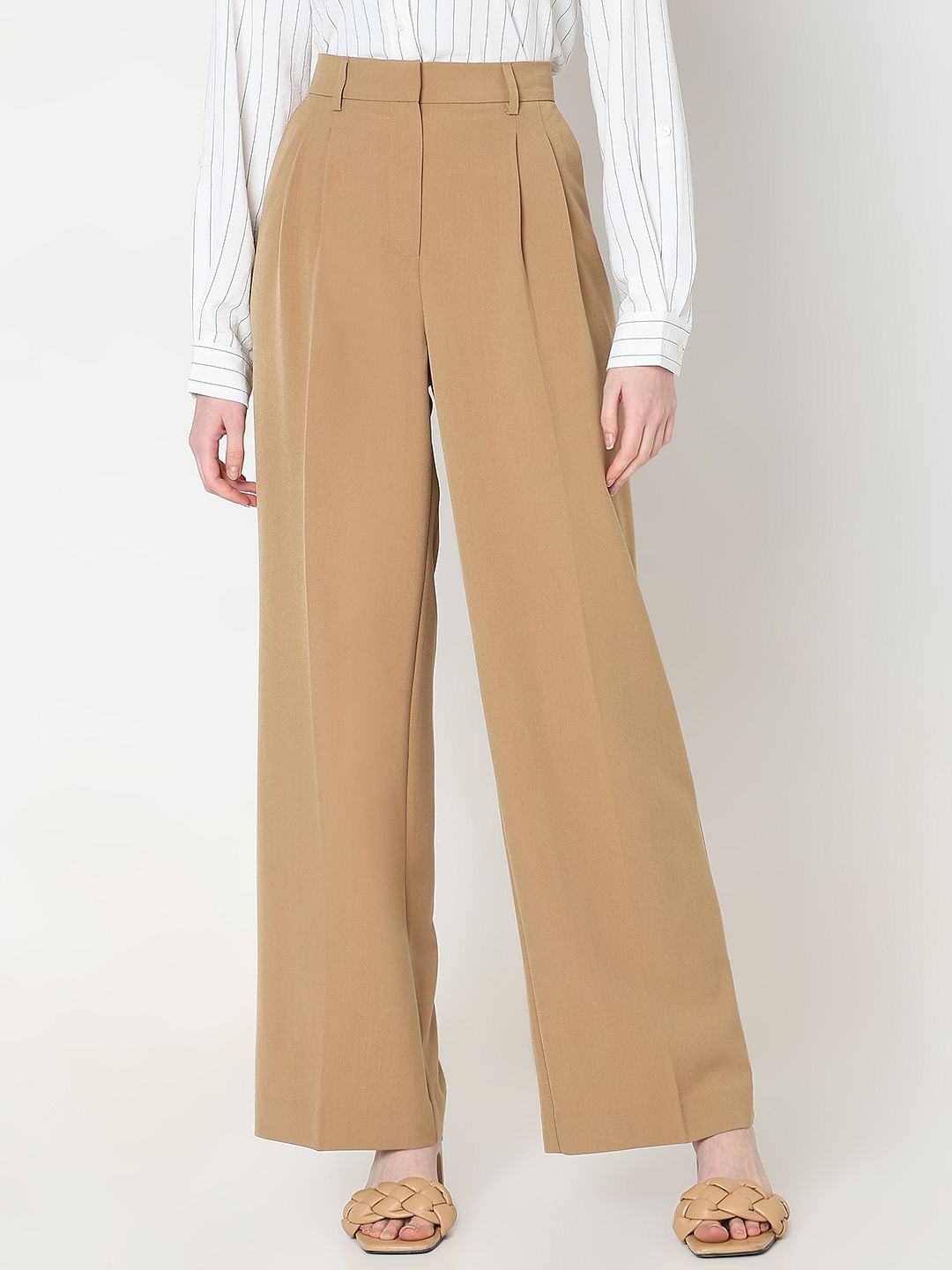 Beige Mid Rise Wide Dad Pants