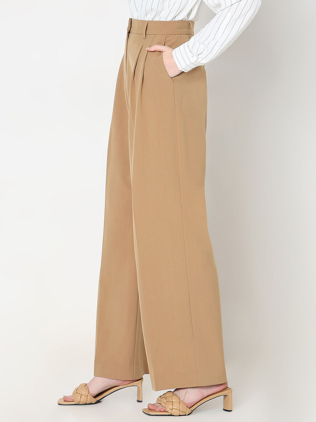 Beige Mid Rise Wide Dad Pants