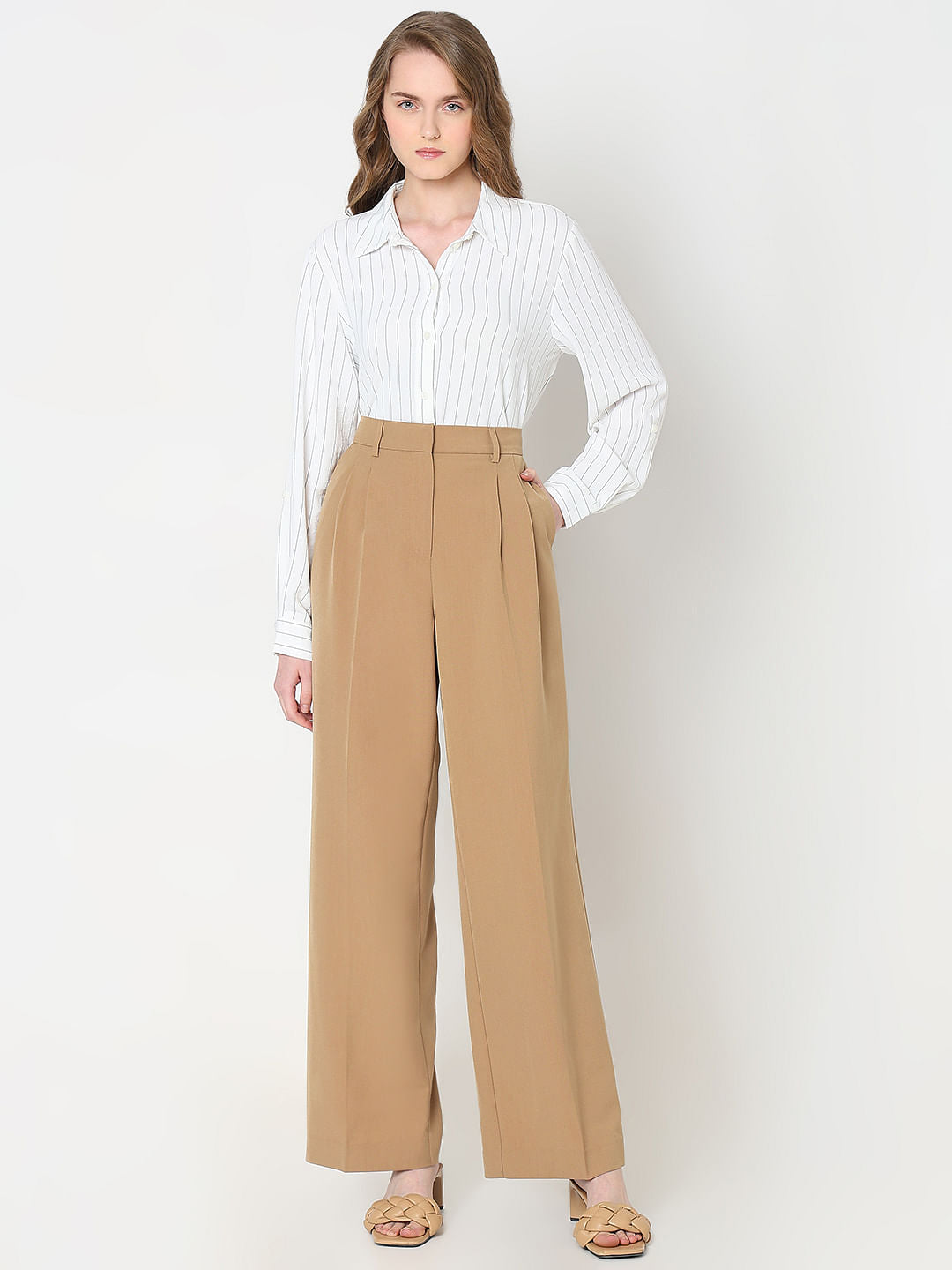 Beige Mid Rise Wide Dad Pants