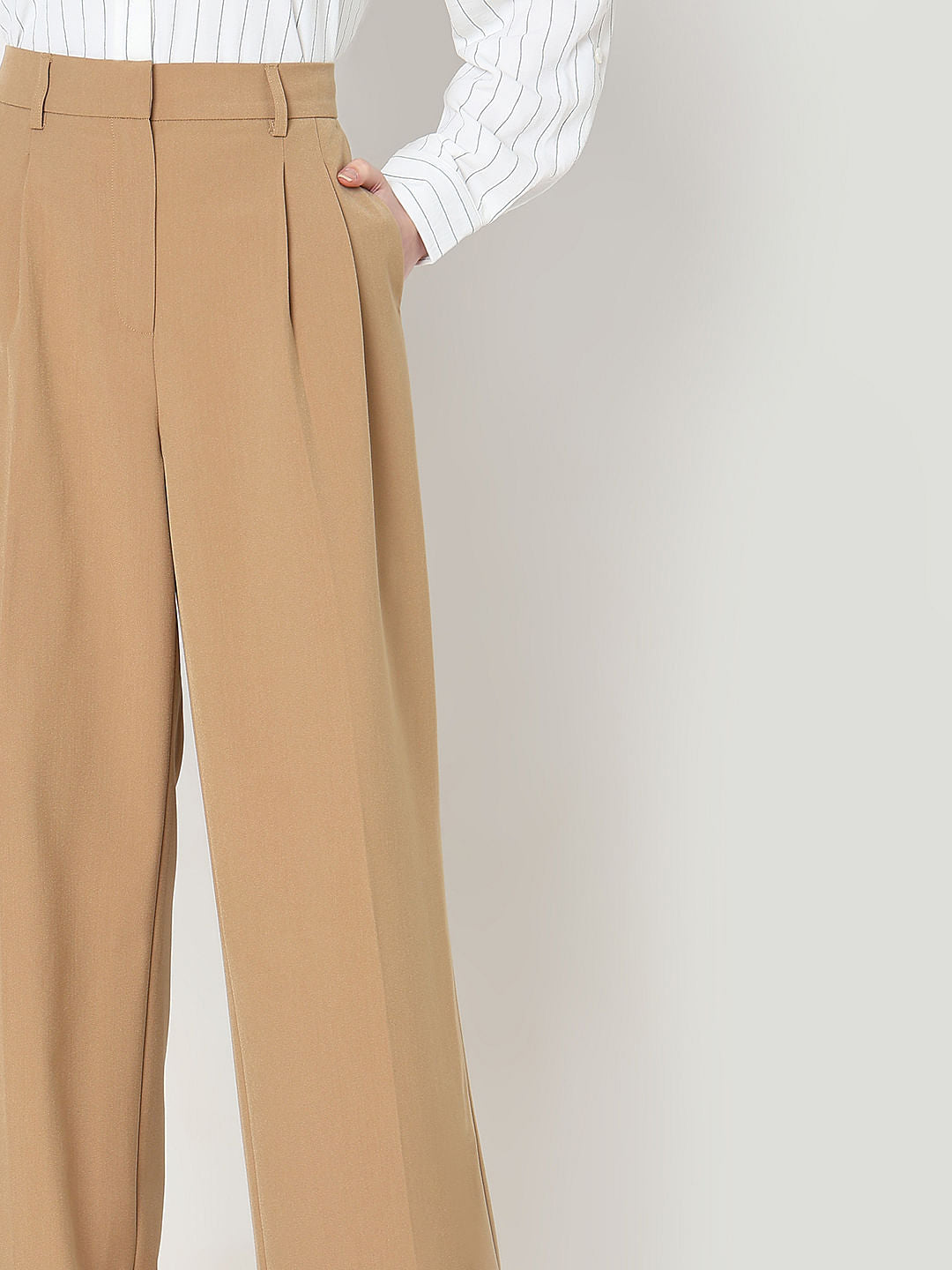 Beige Mid Rise Wide Dad Pants