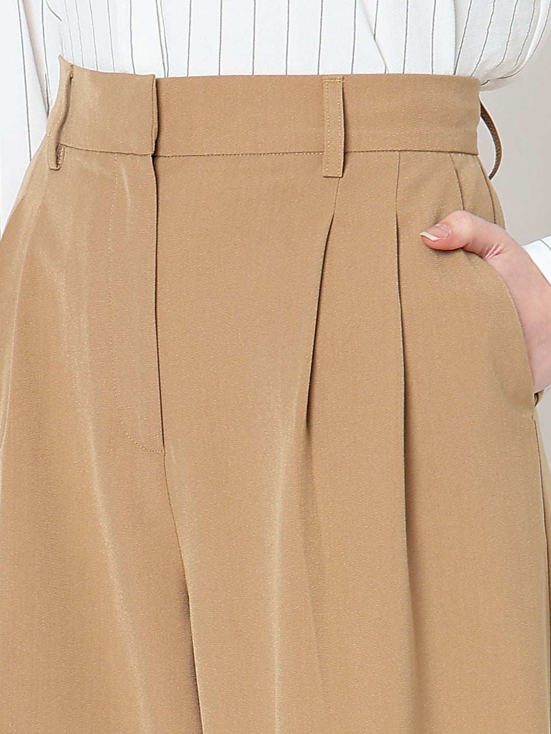 Beige Mid Rise Wide Dad Pants