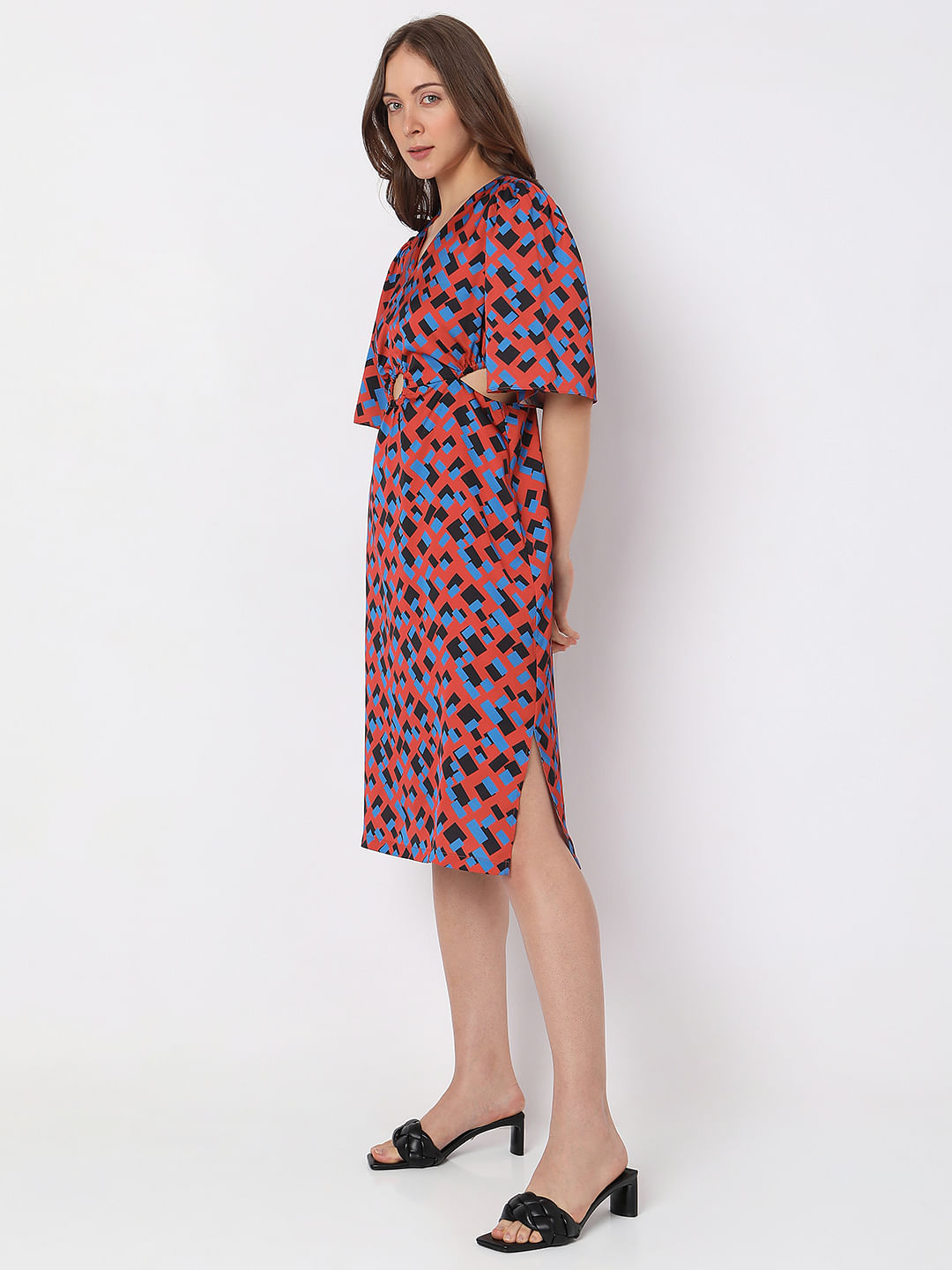 Brown Printed Cut-Out Midi Dress