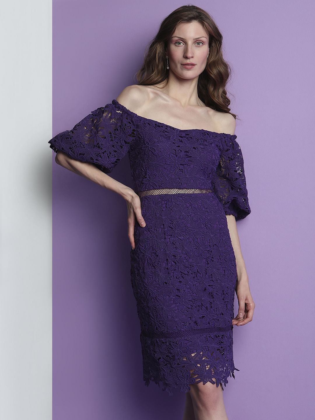 Marquee Purple Lace Off-Shoulder Dress