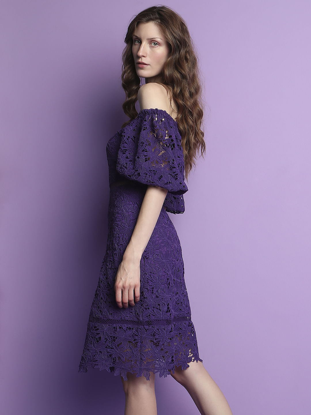 Marquee Purple Lace Off-Shoulder Dress