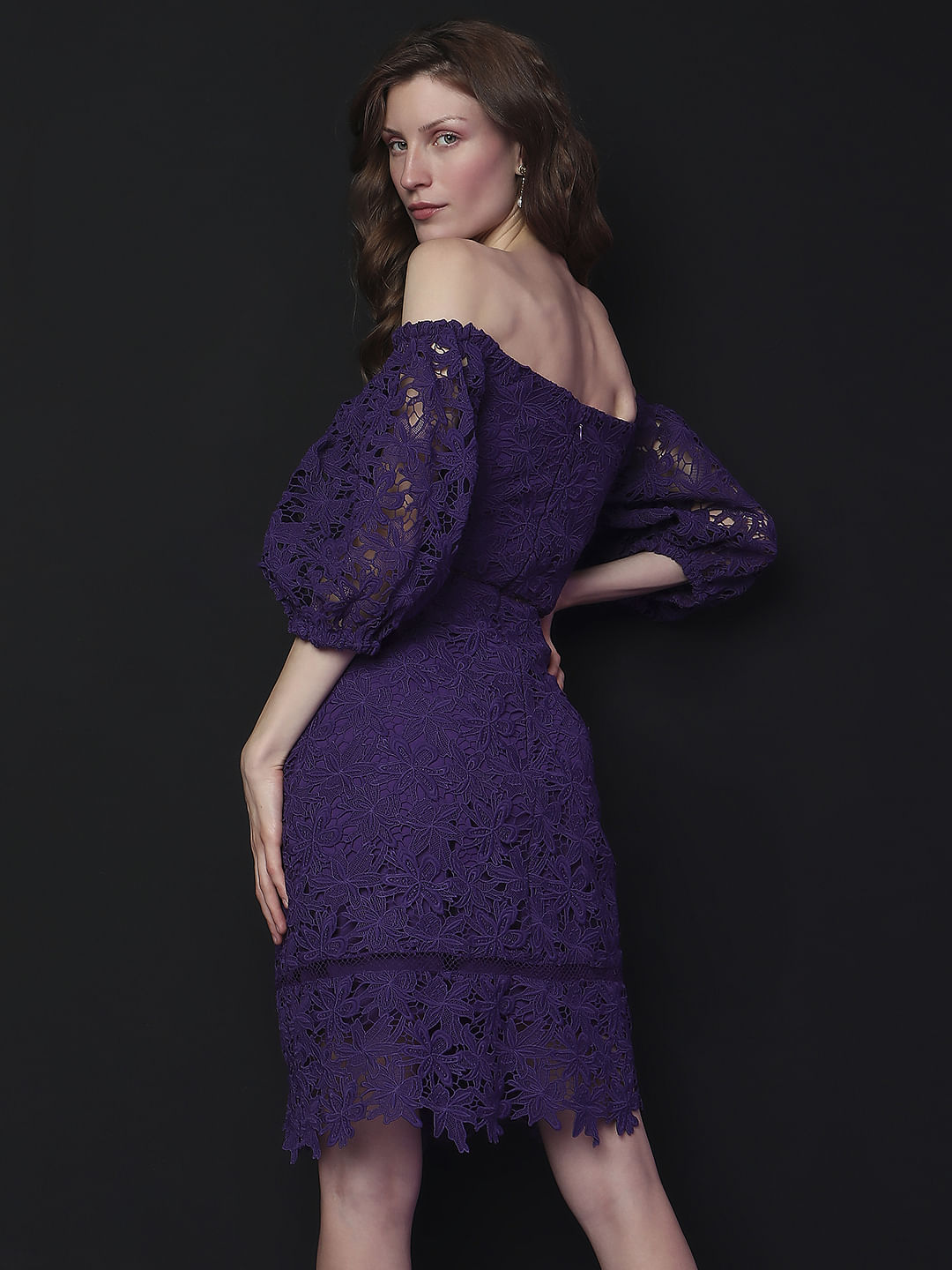 Marquee Purple Lace Off-Shoulder Dress