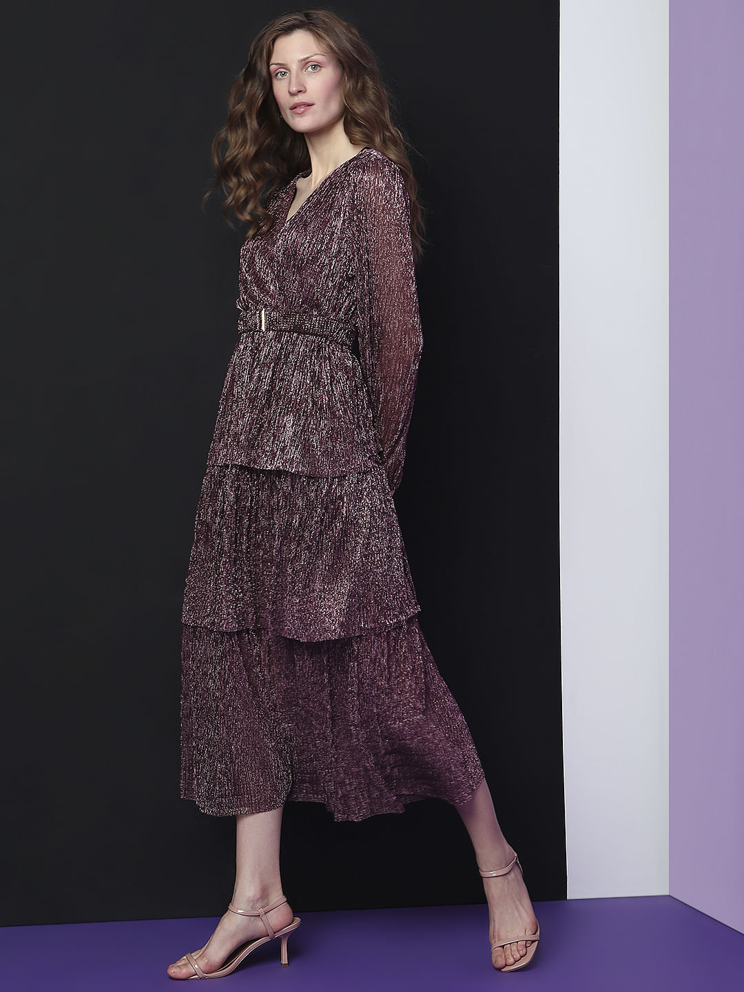 Marquee Purple Tiered Lurex Midi Dress
