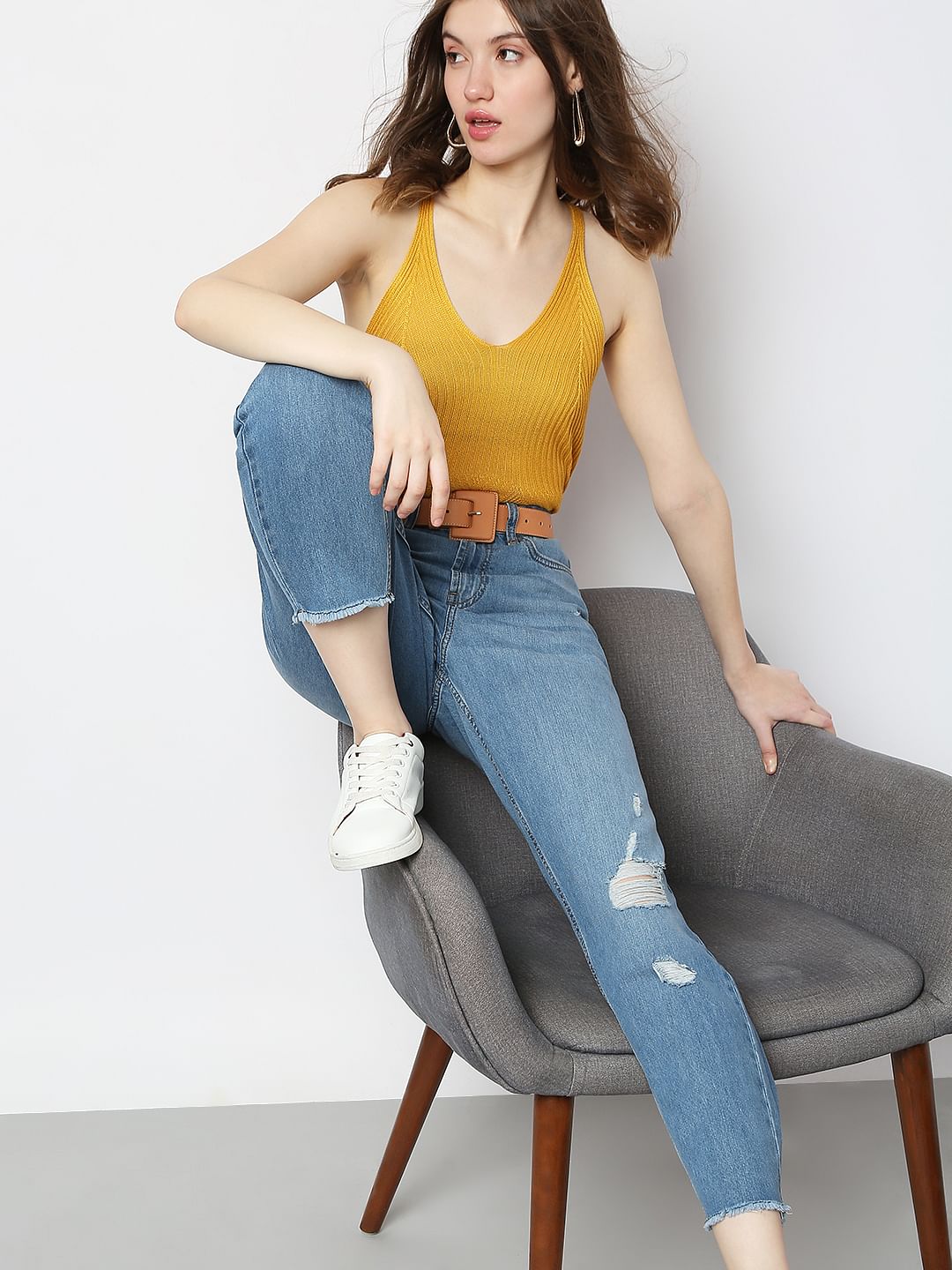 Blue High Rise Distressed Girlfriend Fit Jeans