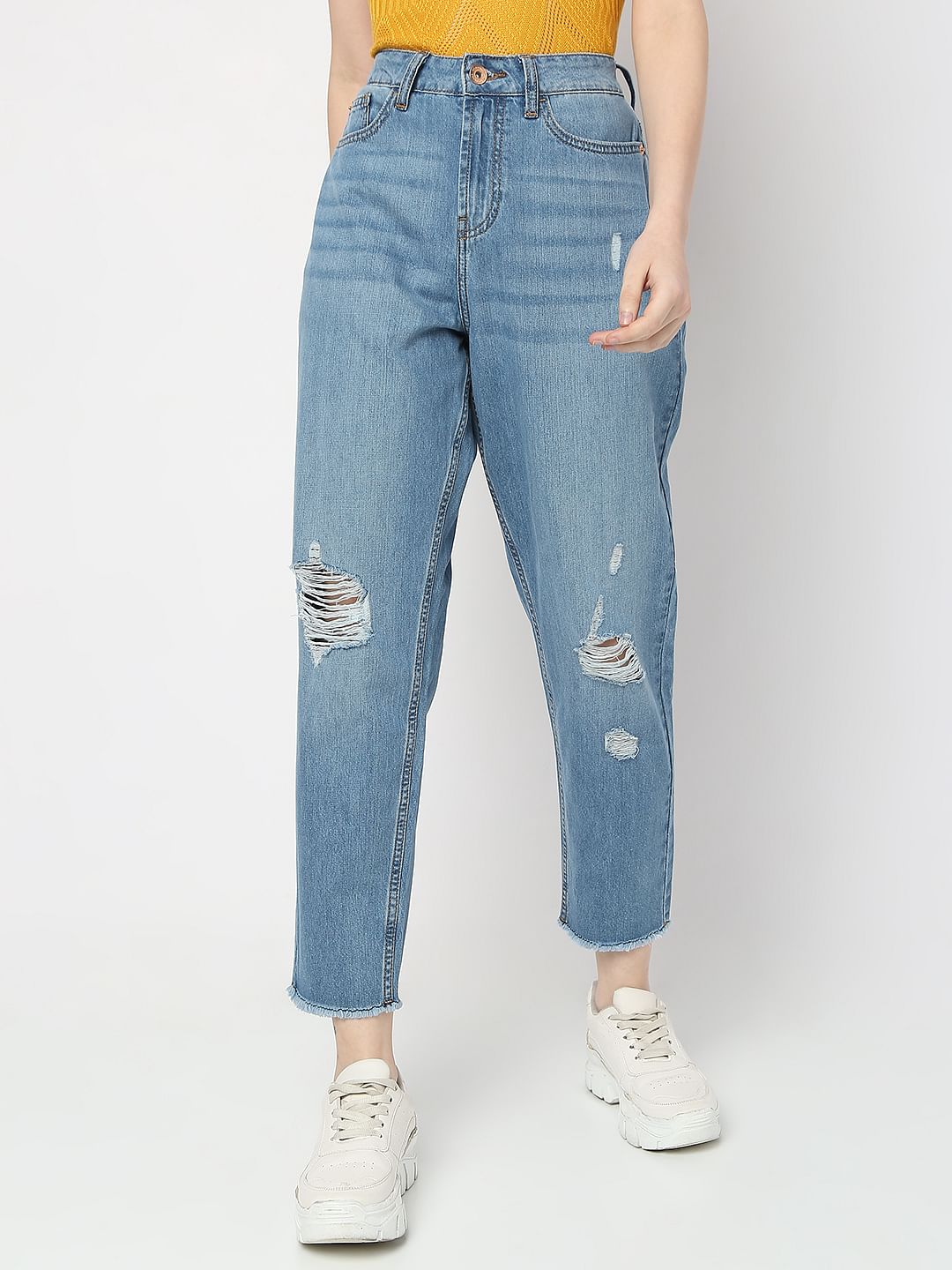 Blue High Rise Distressed Girlfriend Fit Jeans