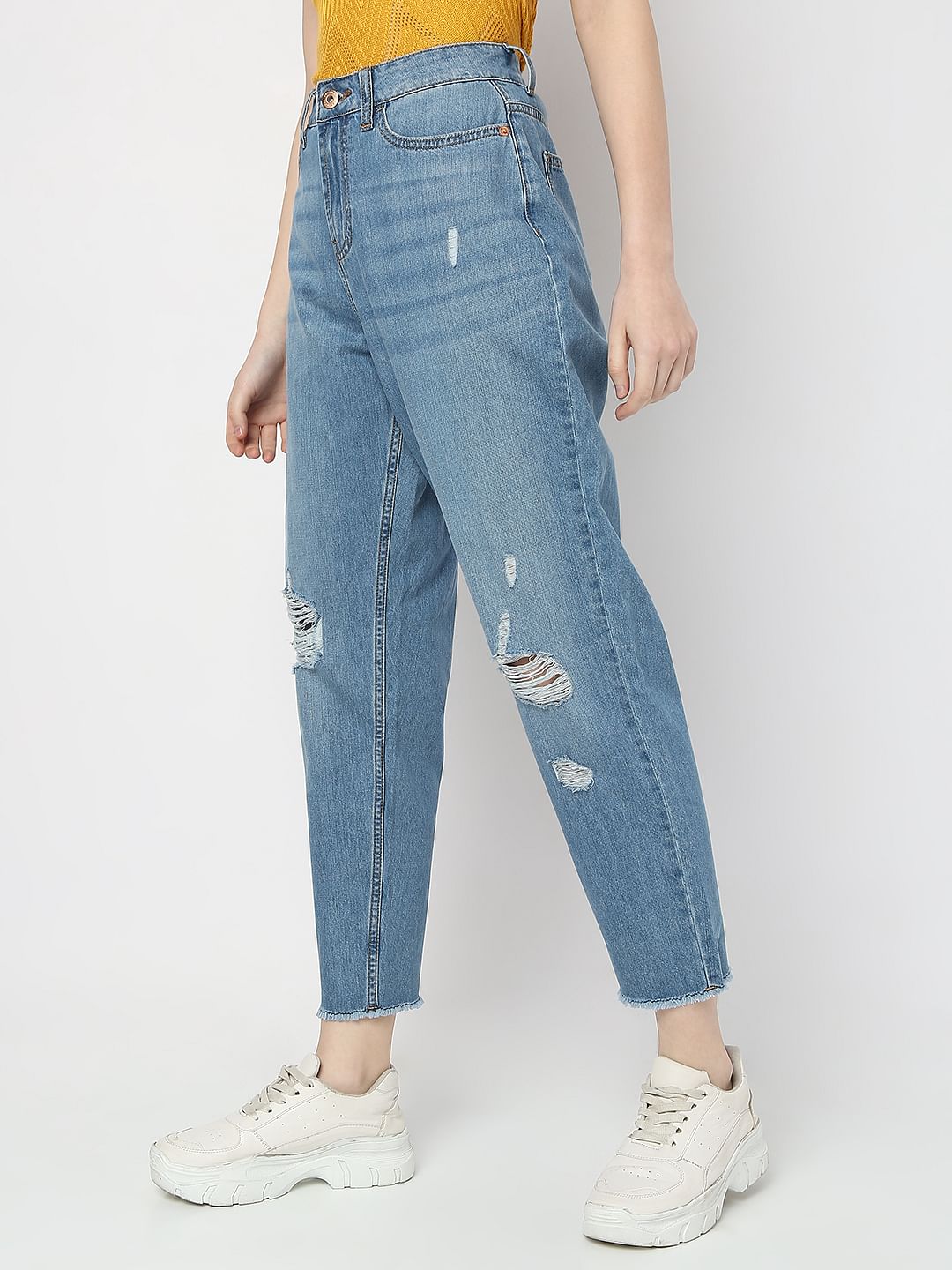 Blue High Rise Distressed Girlfriend Fit Jeans