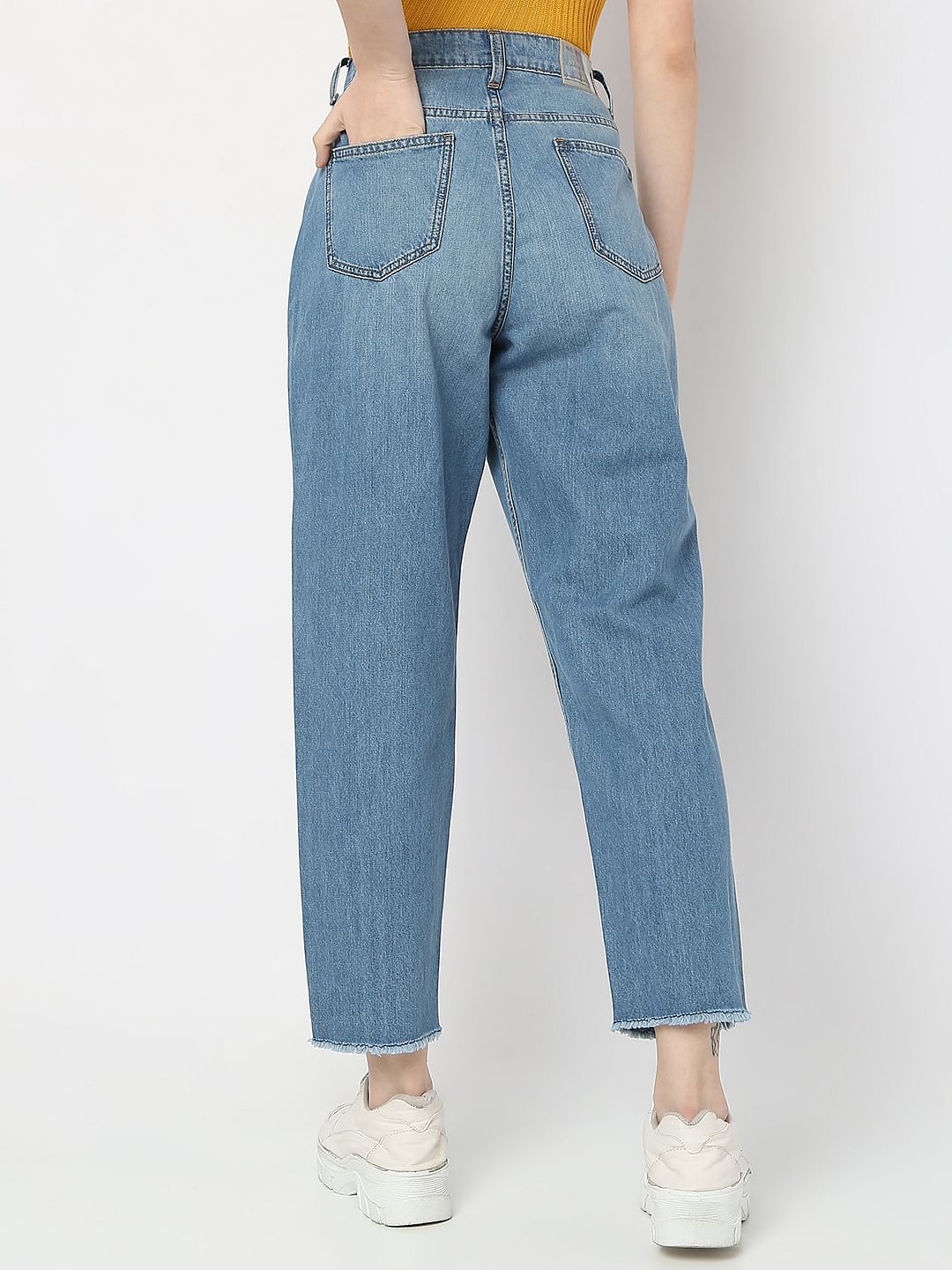 Blue High Rise Distressed Girlfriend Fit Jeans