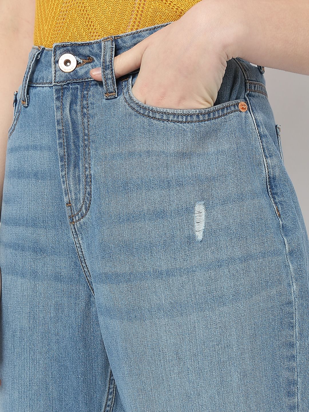 Blue High Rise Distressed Girlfriend Fit Jeans