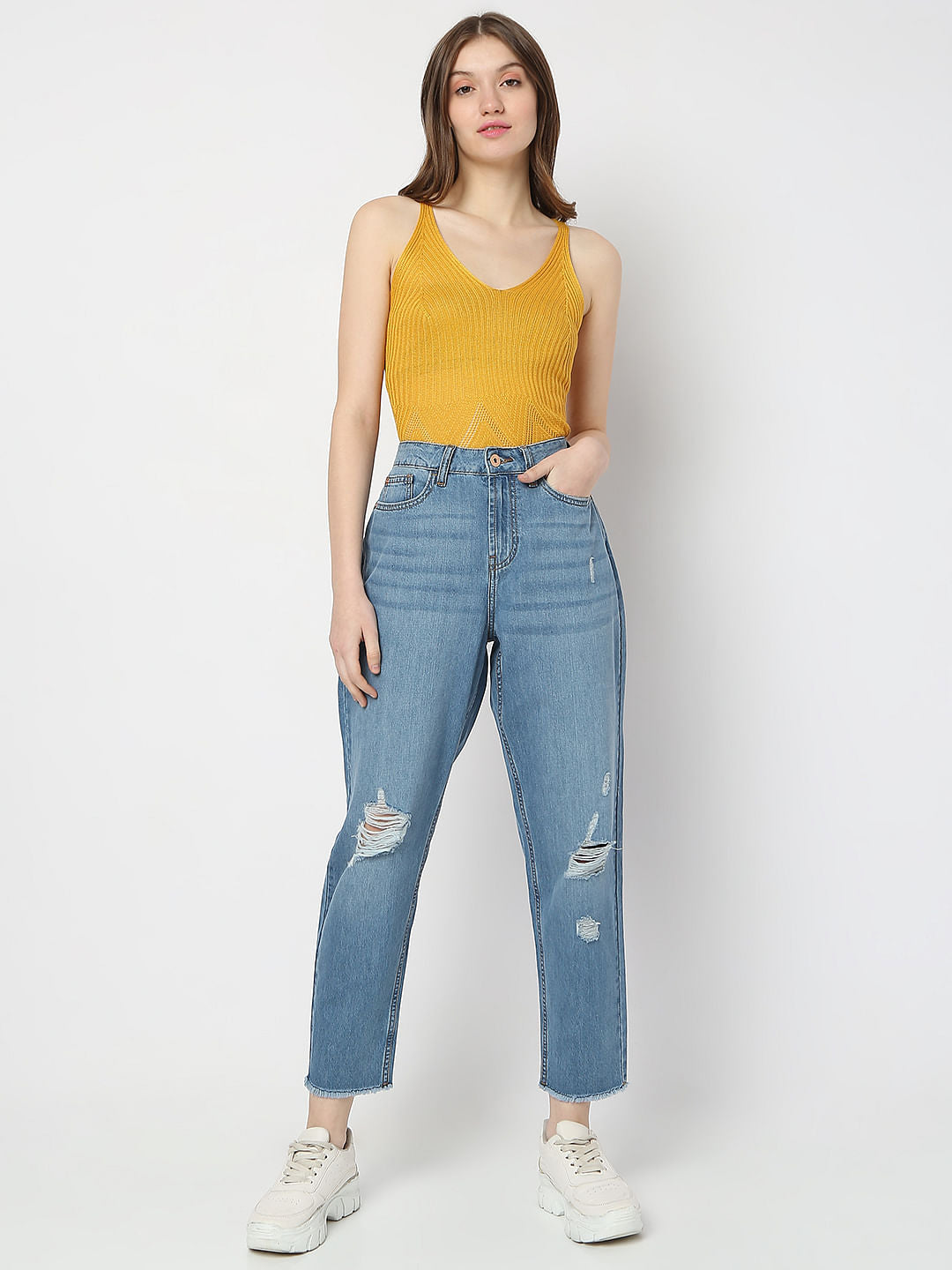 Blue High Rise Distressed Girlfriend Fit Jeans