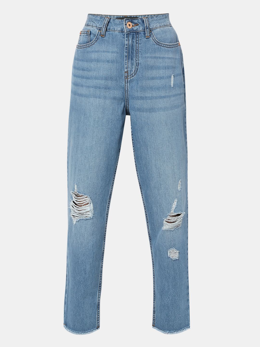 Blue High Rise Distressed Girlfriend Fit Jeans