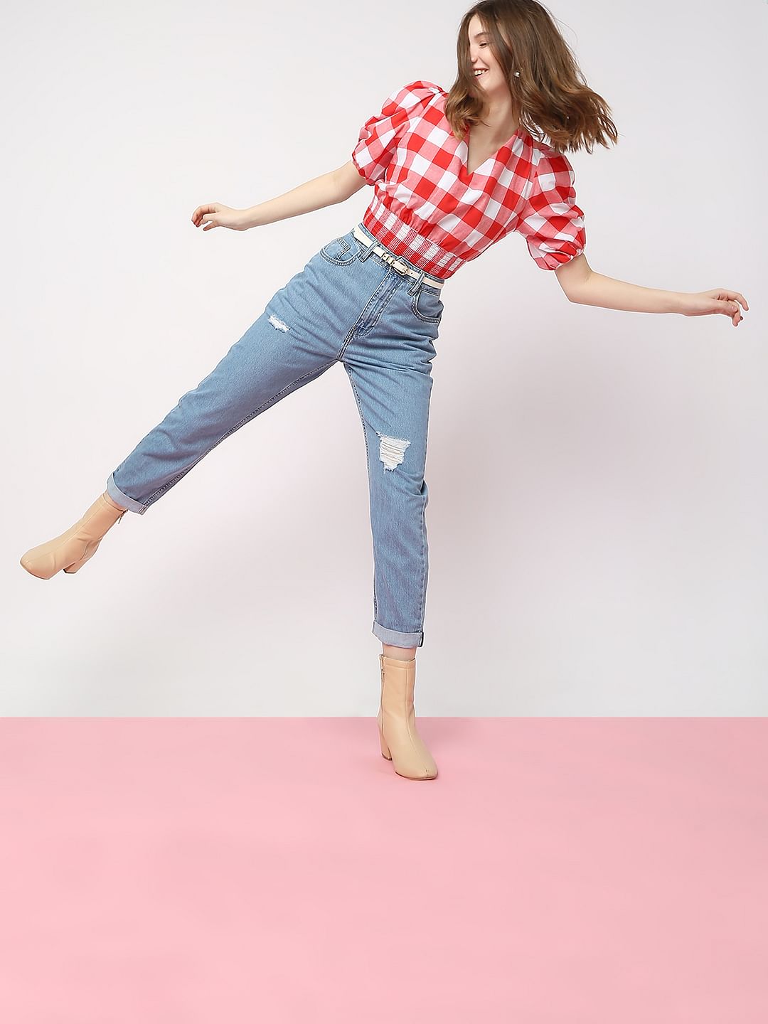 Blue High Rise Distressed Mom Fit Jeans