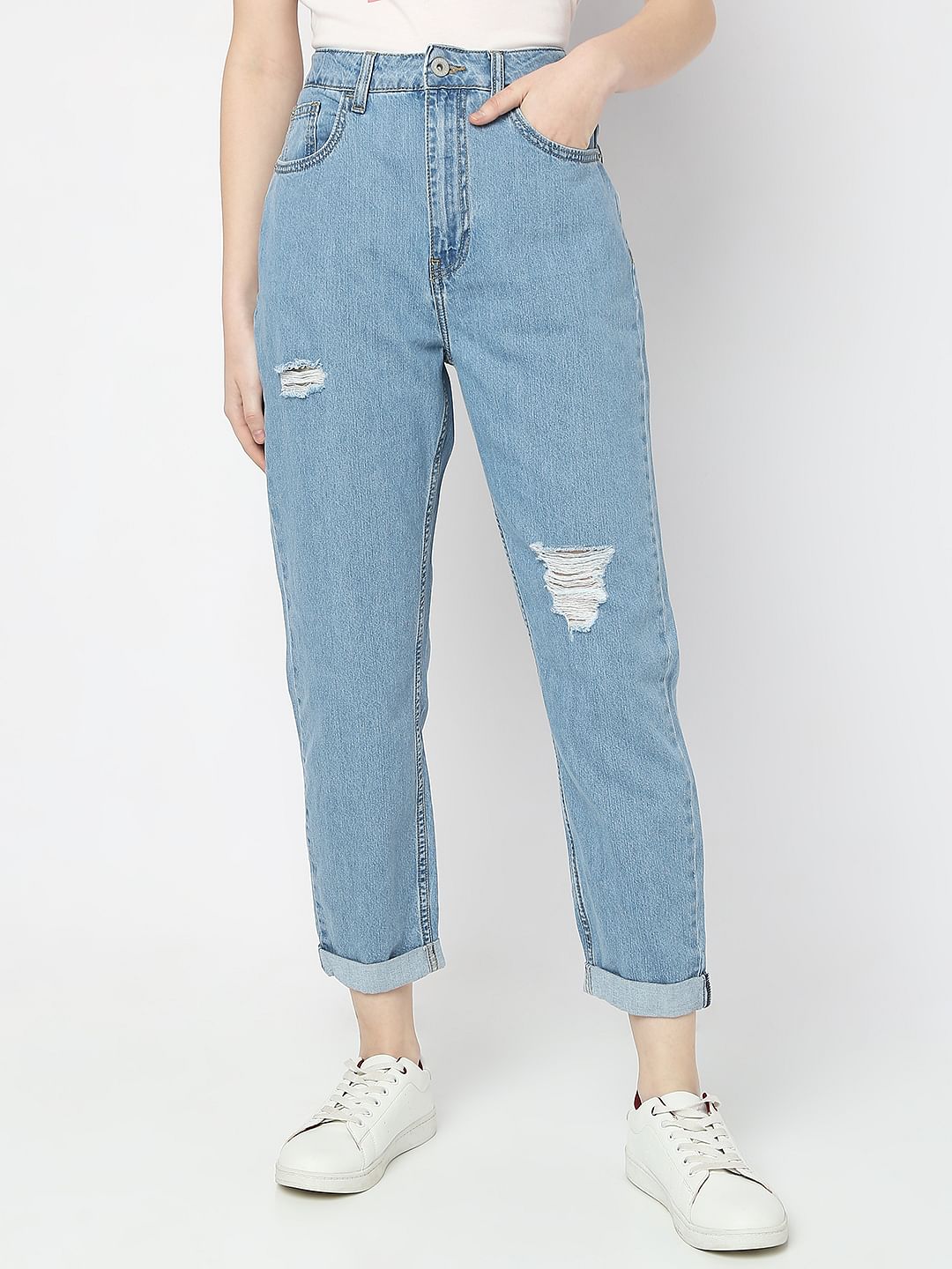 Blue High Rise Distressed Mom Fit Jeans