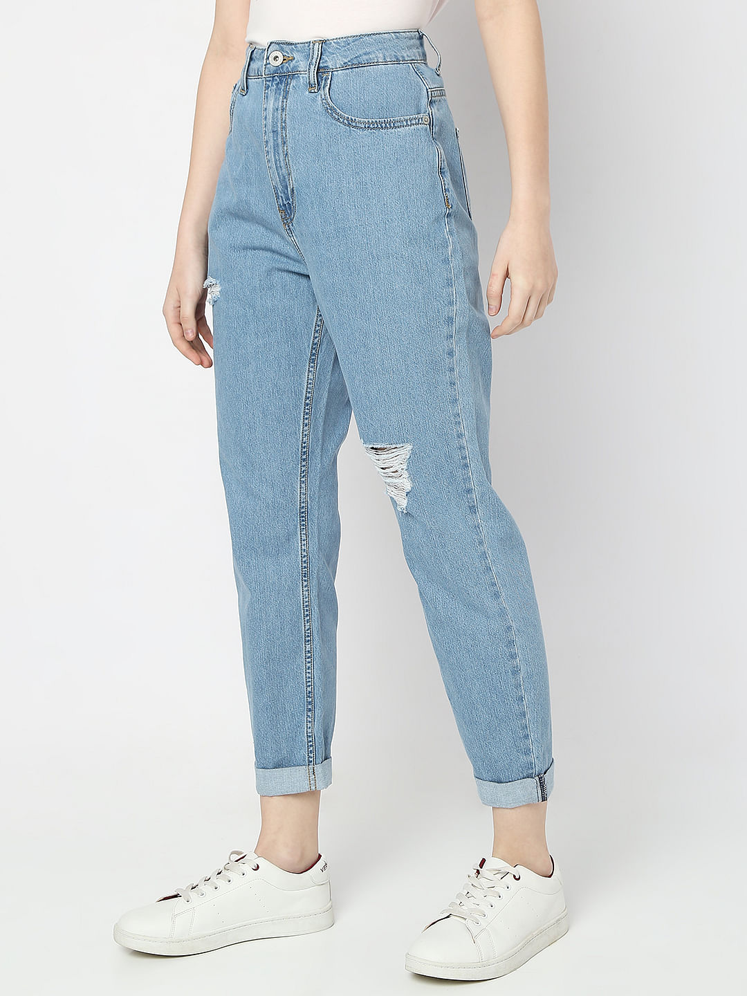 Blue High Rise Distressed Mom Fit Jeans