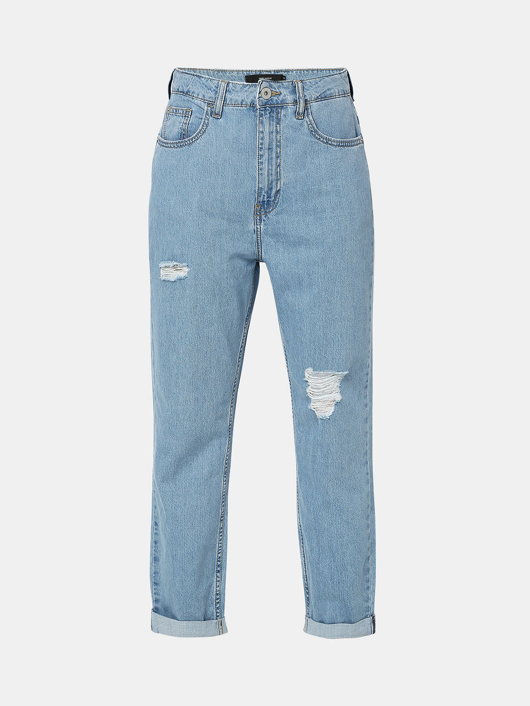 Blue High Rise Distressed Mom Fit Jeans