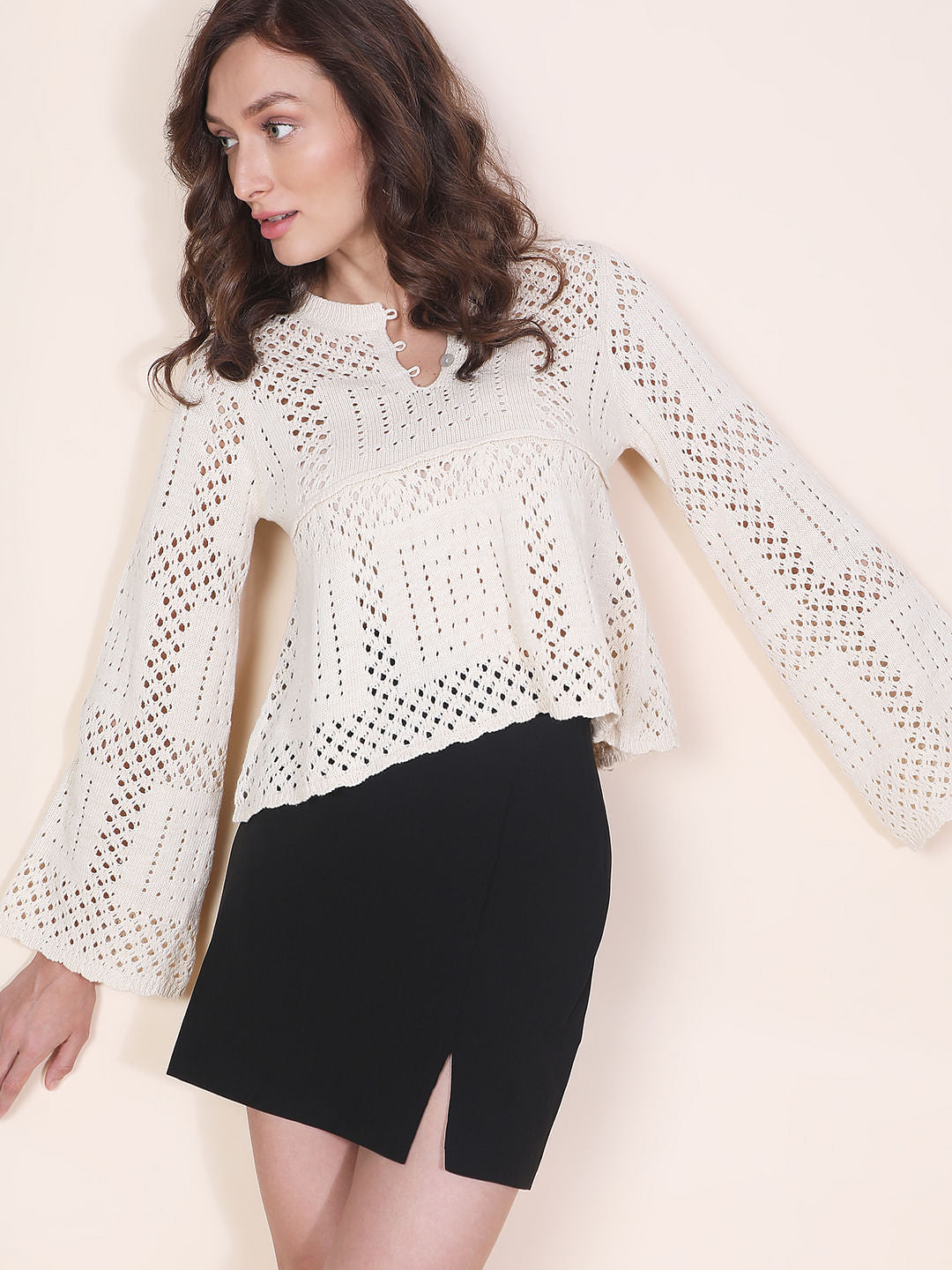 Beige Crochet Peplum Pullover