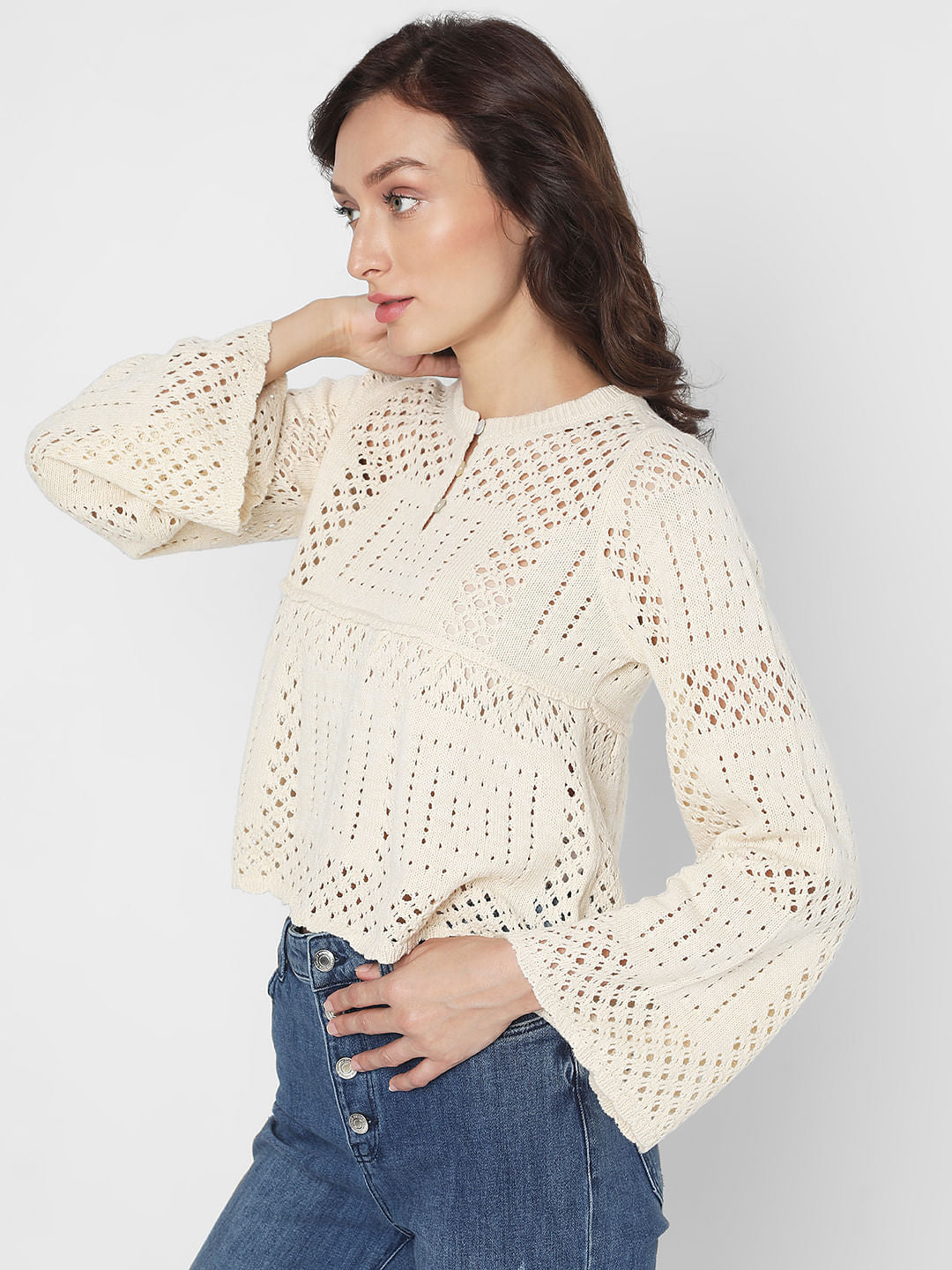 Beige Crochet Peplum Pullover