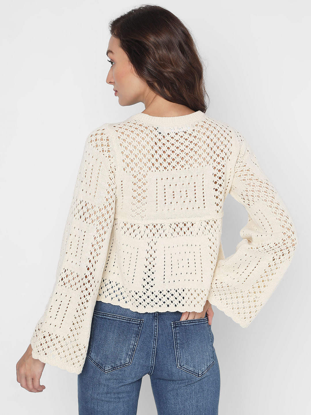 Beige Crochet Peplum Pullover