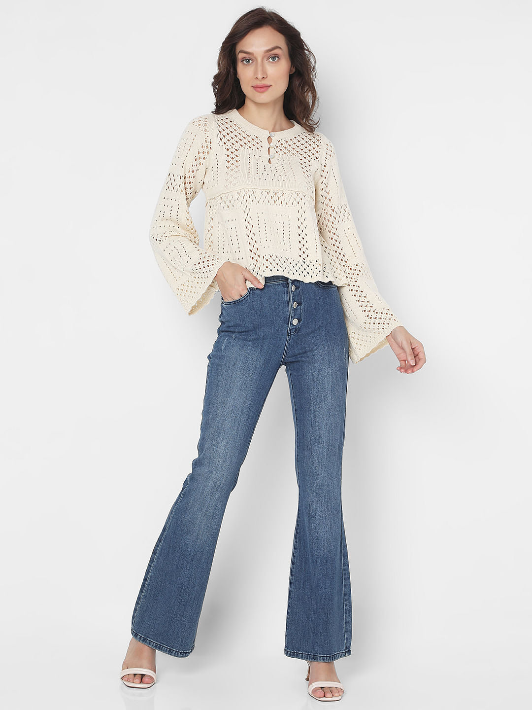 Beige Crochet Peplum Pullover