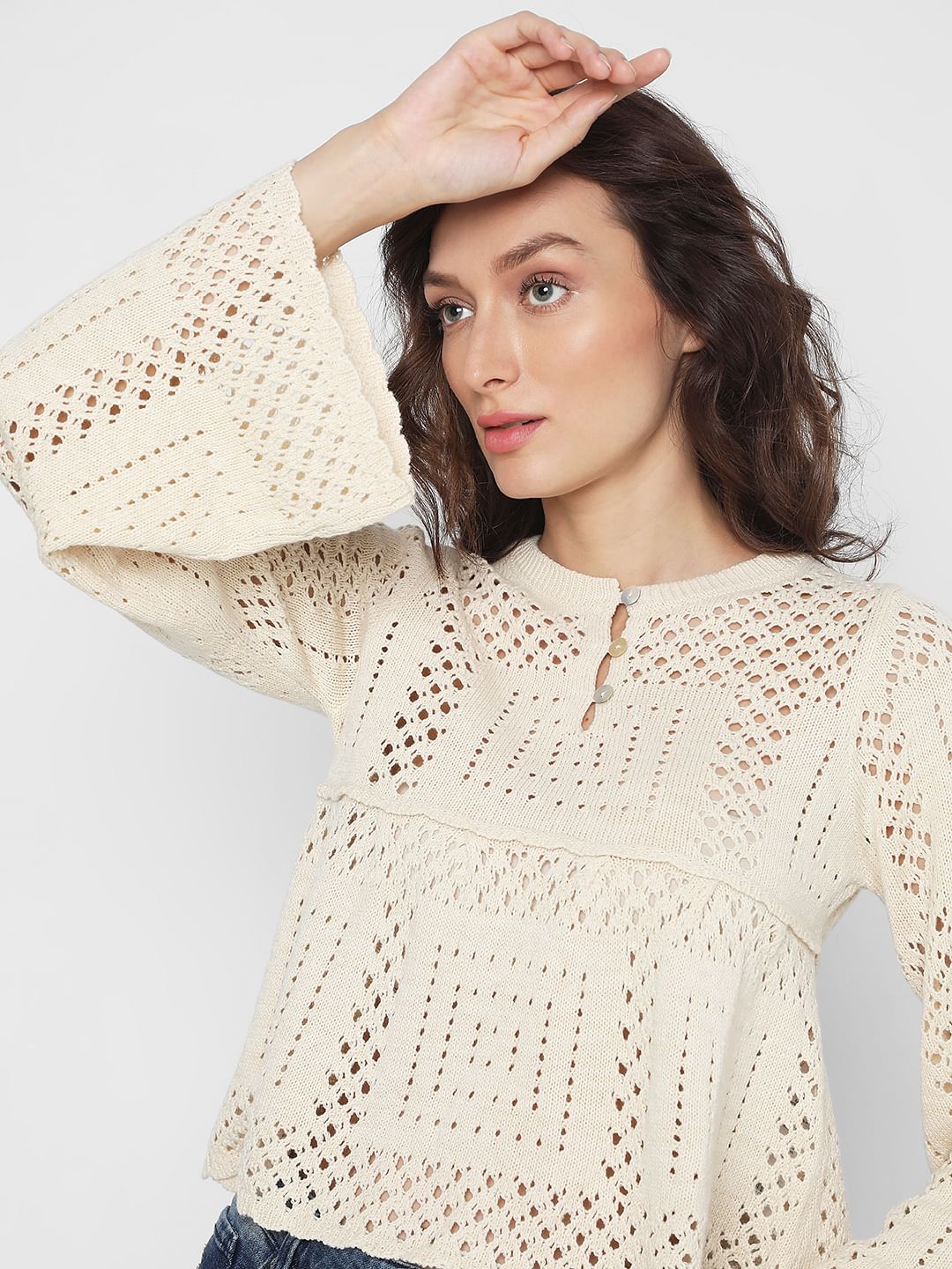 Beige Crochet Peplum Pullover