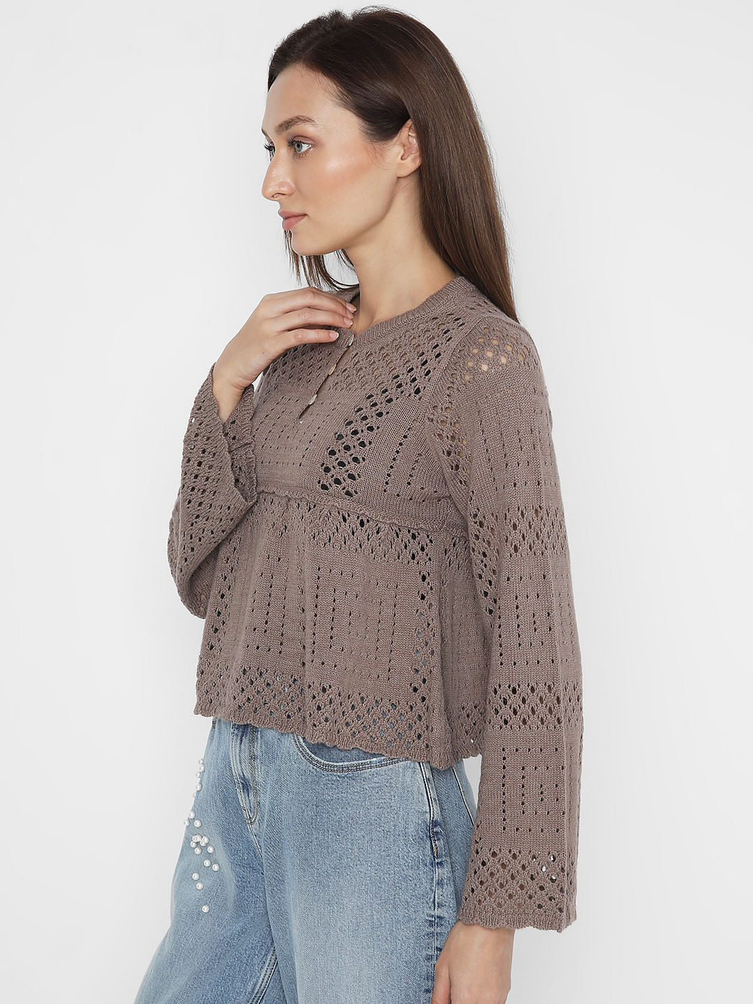 Dark Brown Crochet Peplum Pullover