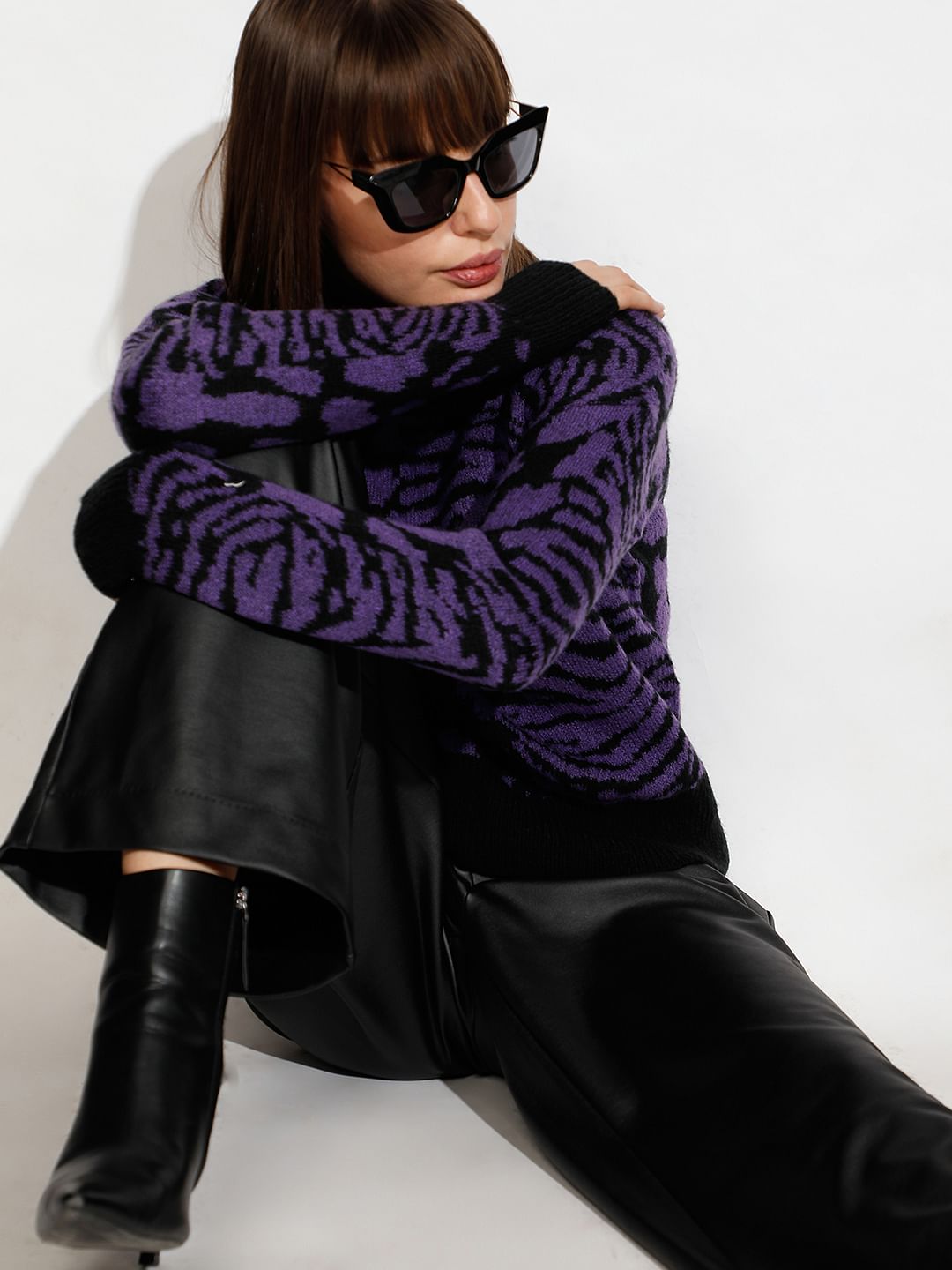 Purple Animal Print High Neck Pullover