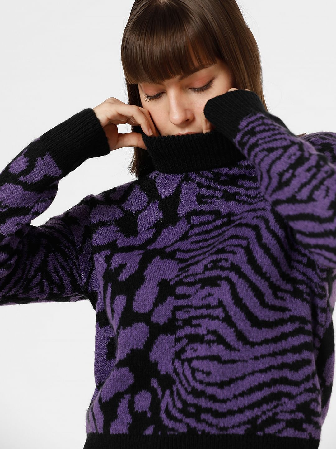 Purple Animal Print High Neck Pullover